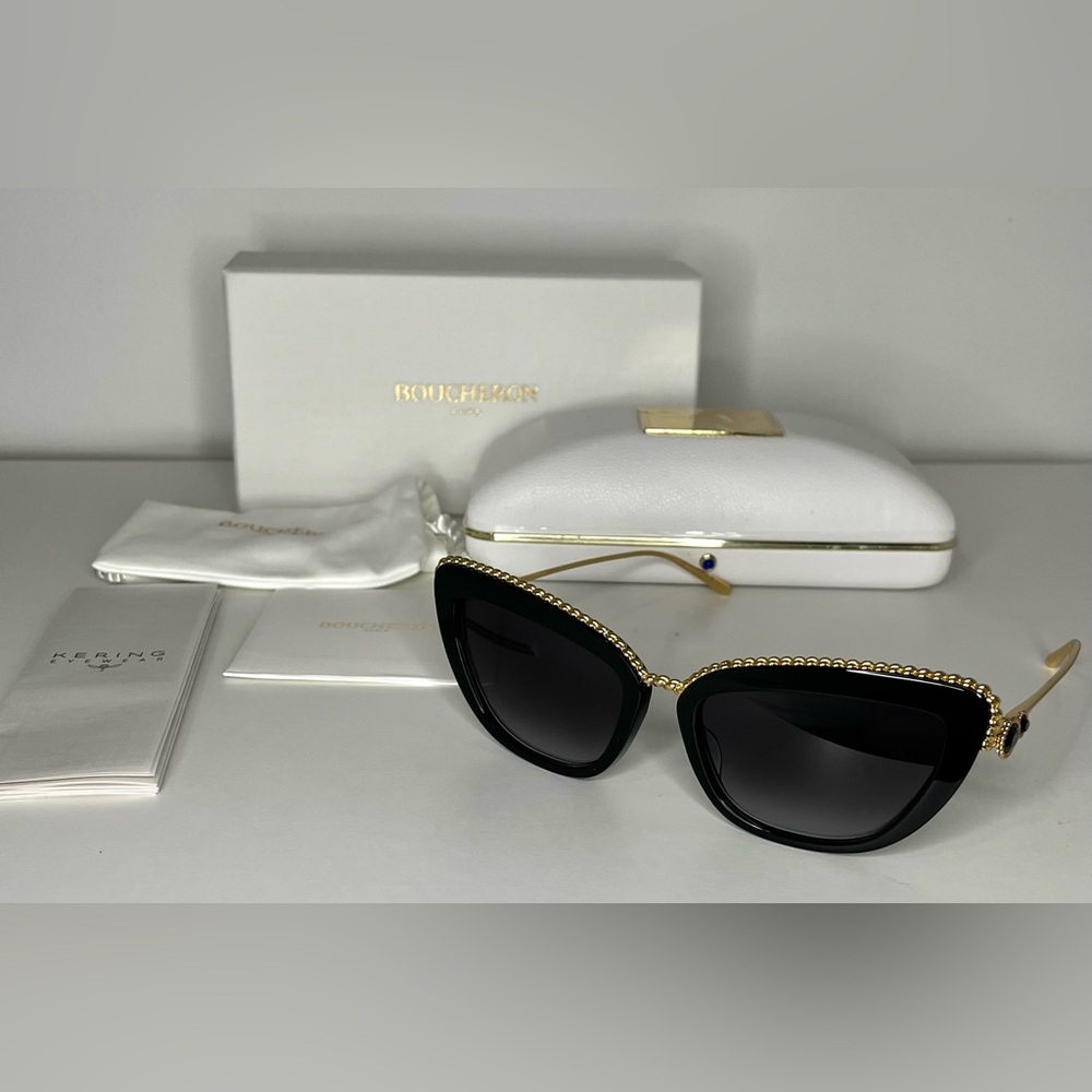 Boucheron NWT Embellished Cat Eye Sunglasses BC0140S 001 Black/Gold - Picture 7 of 12